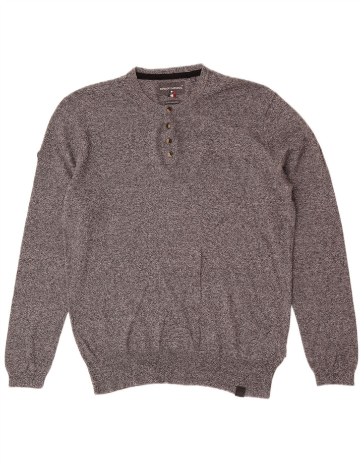 Maglione da uomo con vestibilità regolare e collo abbottonato Superdry XL in cotone chiazzato grigio