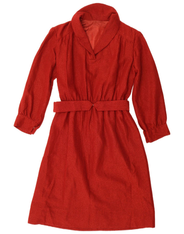 Abito a trapezio a maniche lunghe da donna vintage UK 12 rosso medio