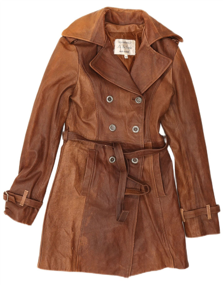 Cappotto in pelle doppiopetto vintage da donna IT 42 Pelle marrone medio
