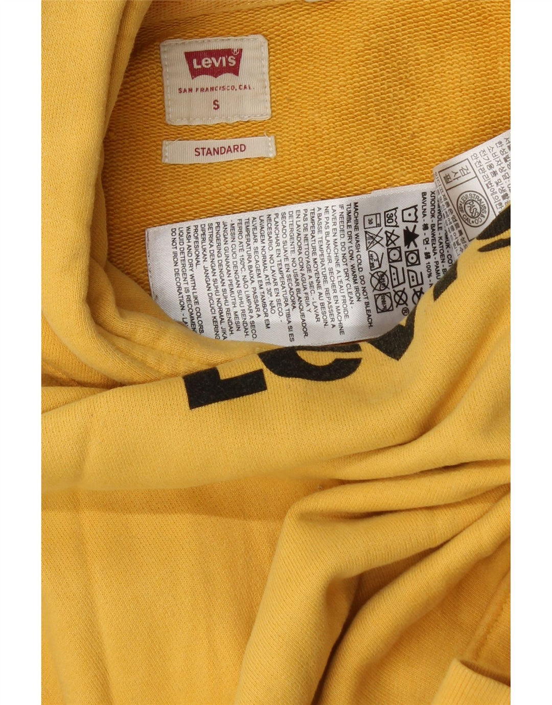 LEVI'S Mens Standard Graphic Hoodie Jumper Small Yellow Cotton Vintage Levi's and Second-Hand Levi's from Messina Hembry 