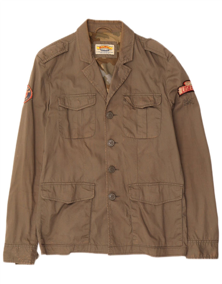 Giacca militare grafica da uomo Guru UK 40 grande cotone marrone