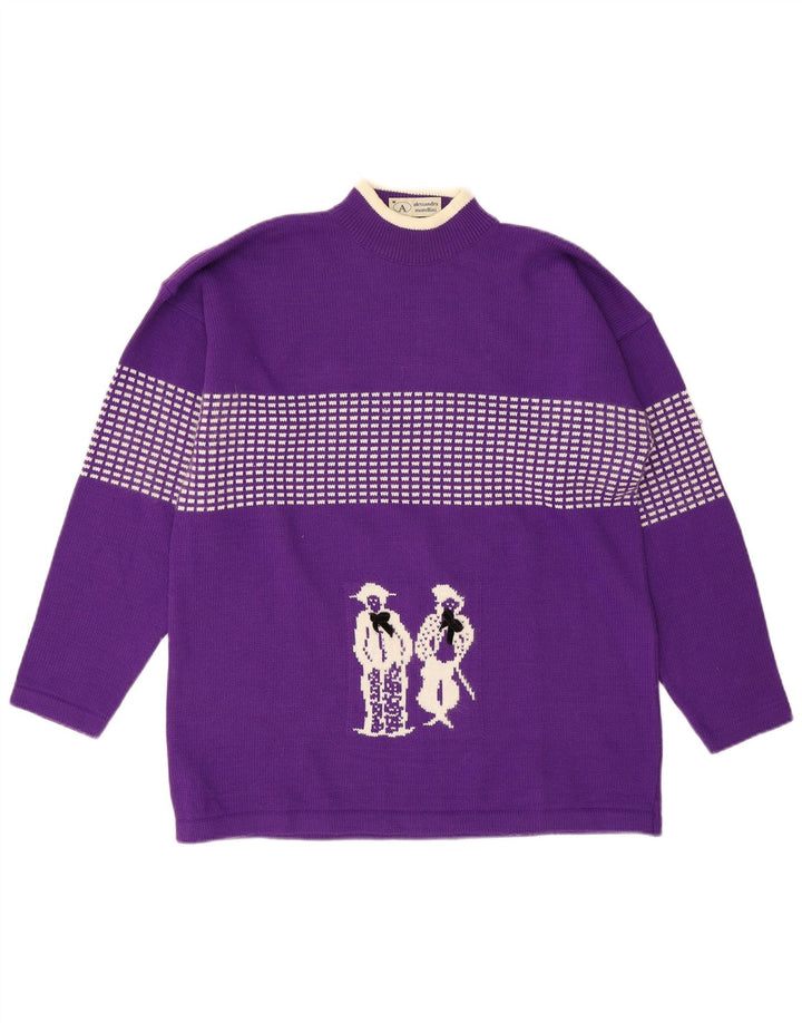 Maglione da uomo vintage con collo alto e grafica in lana d'agnello viola medio