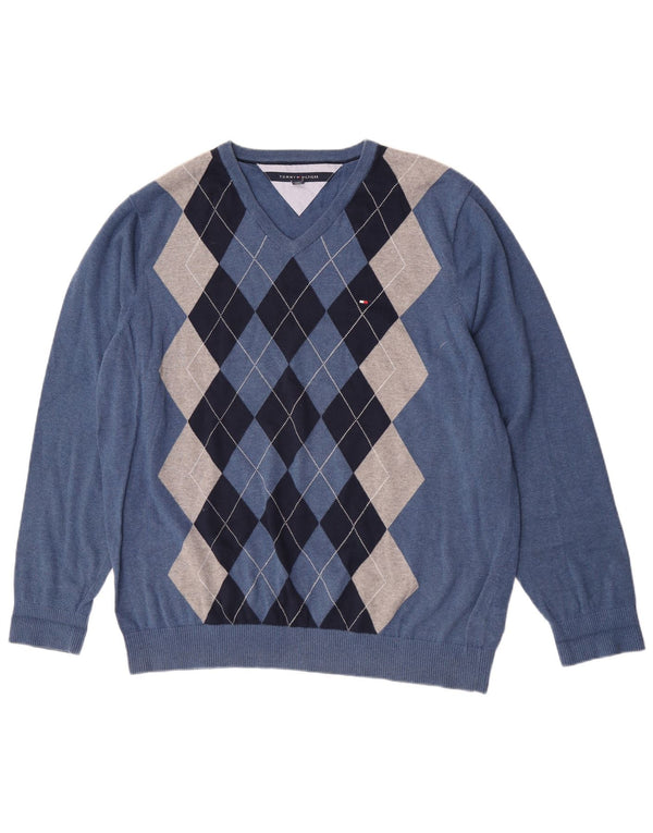 Tommy Hilfiger Uomo Maglione con scollo a V Maglione 2XL Blu Argyle/Cotone diamante