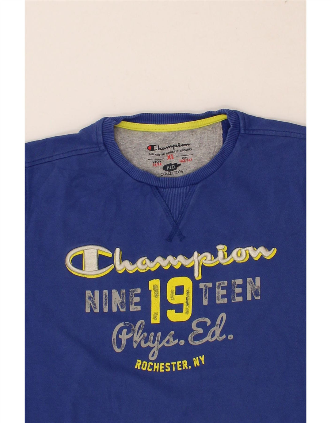 CHAMPION Boys Graphic Sweatshirt Jumper 13-14 Years XL Blue Vintage Champion and Second-Hand Champion from Messina Hembry 