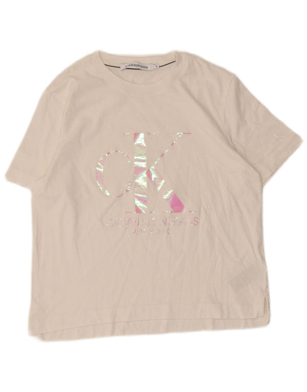 Calvin Klein Jeans T-shirt grafica da donna Top UK 10 Small Cotone bianco