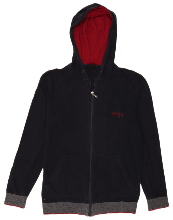 Maglione con cappuccio e zip da uomo HUGO BOSS piccolo in cotone blu navy