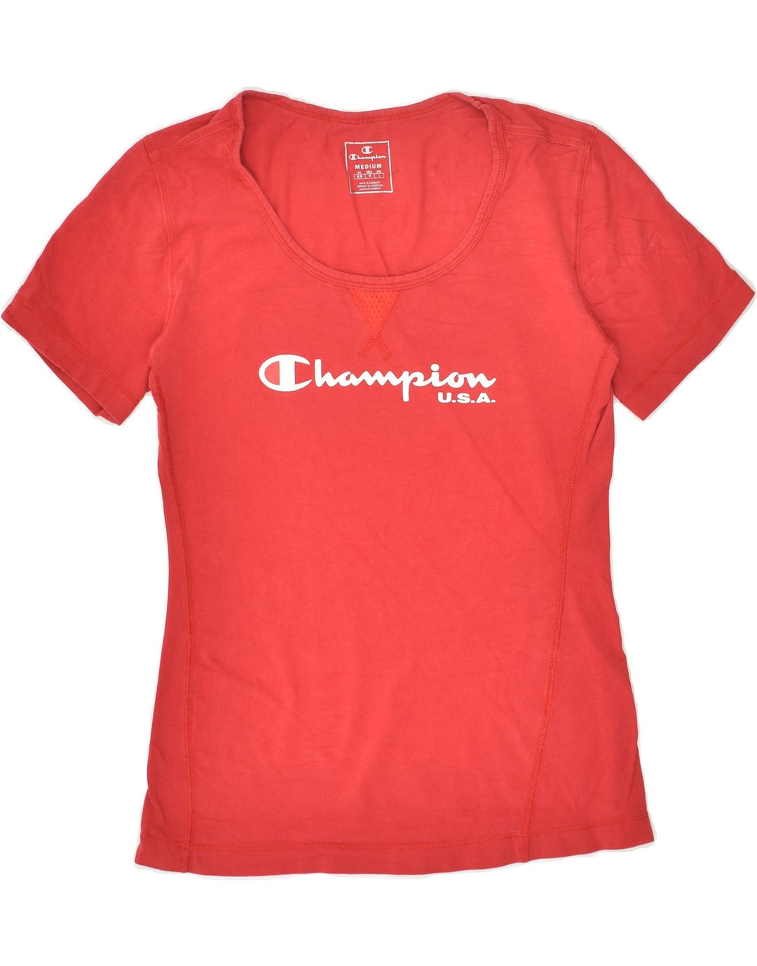 CHAMPION Womens Graphic T-Shirt Top UK 12 Medium Red Cotton | Vintage Champion | Thrift | Second-Hand Champion | Used Clothing | Messina Hembry 