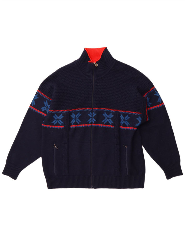 Maglione cardigan da uomo vintage grande Fair Isle blu navy
