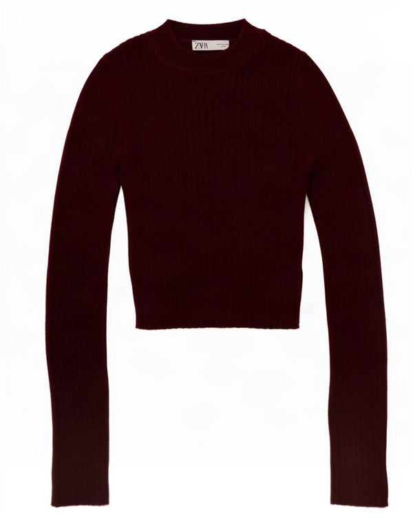 Maglione corto con collo alto da donna Zara UK 12 Cotone bordeaux medio