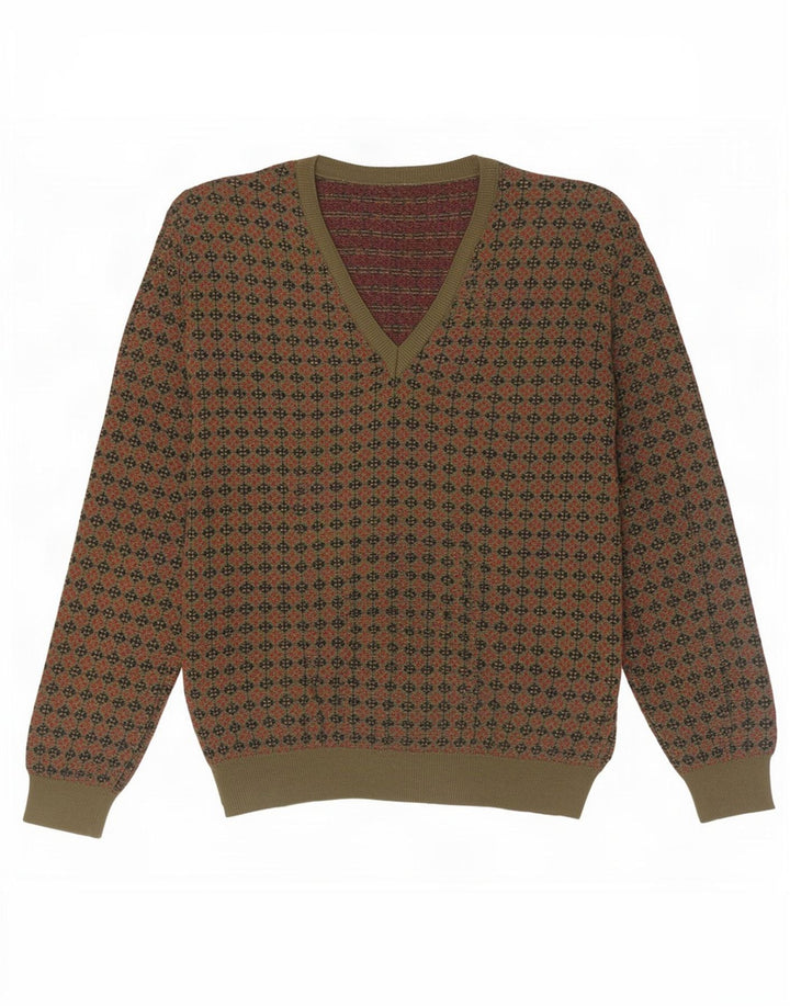 Maglione vintage da uomo con scollo a V, grande lana geometrica kaki