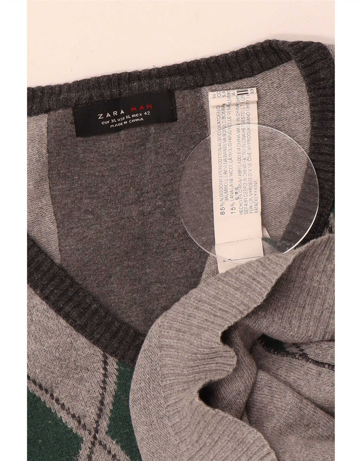Maglione Zara da uomo con scollo a V XL grigio a rombi/diamante