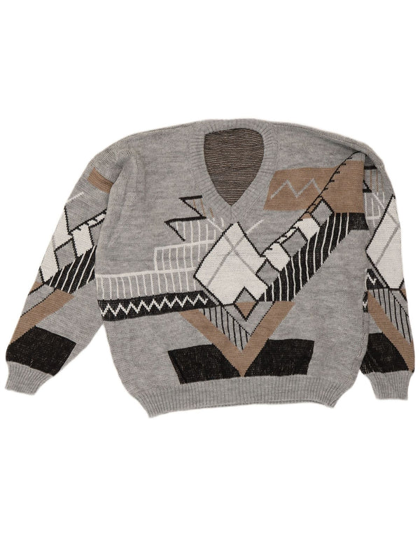 Maglione vintage da uomo con scollo a V, grande acrilico geometrico grigio