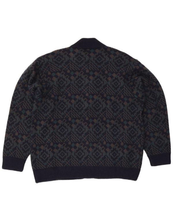 Maglione cardigan da uomo vintage XL in lana geometrica blu navy