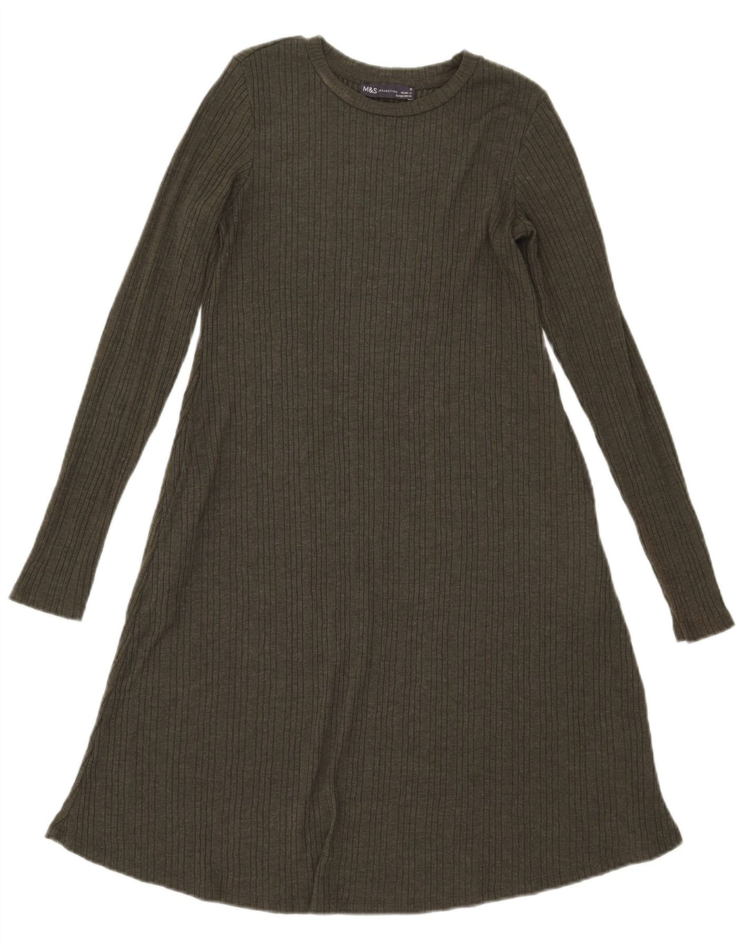 Abito a trapezio a maniche lunghe da donna Marks & Spencer UK 8 piccolo poliestere kaki