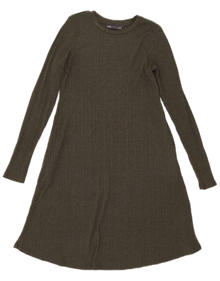 Abito a trapezio a maniche lunghe da donna Marks & Spencer UK 8 piccolo poliestere kaki