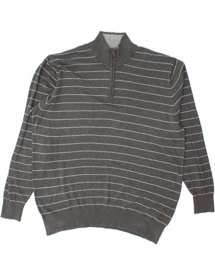BLUE HARBOUR Mens Zip Neck Jumper Sweater 2XL Grey Striped Cotton Vintage Blue Harbour and Second-Hand Blue Harbour from Messina Hembry 