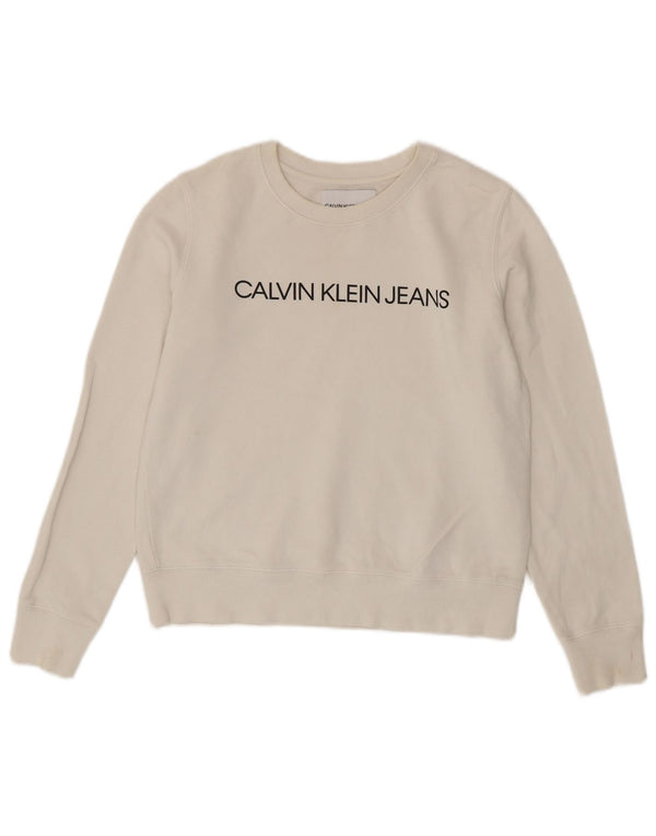 Calvin Klein Jeans da donna Graphic Crop Felpa Jumper UK 10 Small Bianco