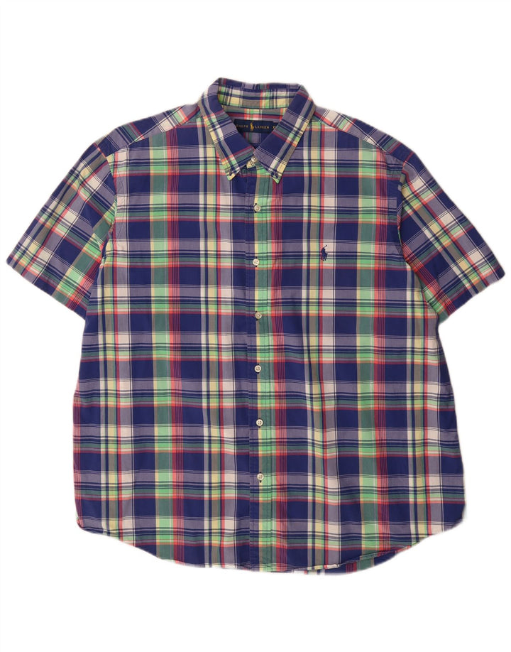 Camicia a maniche corte da uomo Ralph Lauren 2XL in cotone a quadri blu