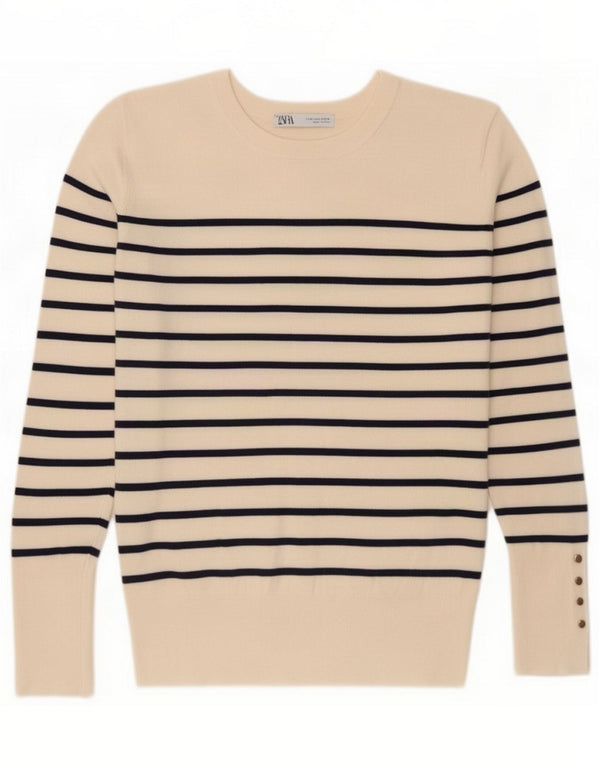 Zara maglione da donna con scollo a barca UK 12 a righe beige medio