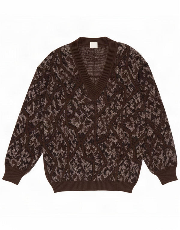 Faber Mens Abstract Pattern V-Neck Jumper Sweater IT 52 Large Brown Wool