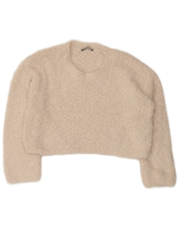 Maglione girocollo oversize corto da donna Zara UK 10 piccolo bianco sporco