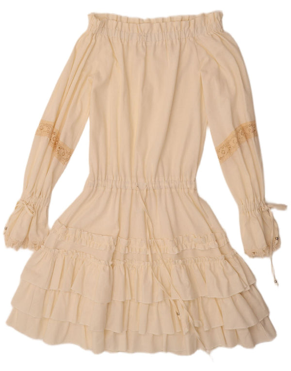 Abito da donna VINTAGE a maniche lunghe con spalle scoperte UK 12 Lino bianco sporco medio