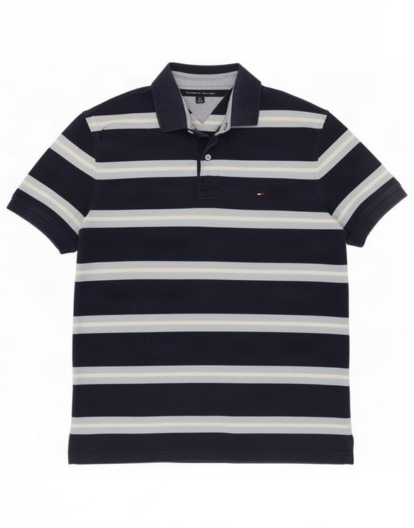 Tommy Hilfiger Mens Polo Shirt Large Navy Blue Striped Cotton