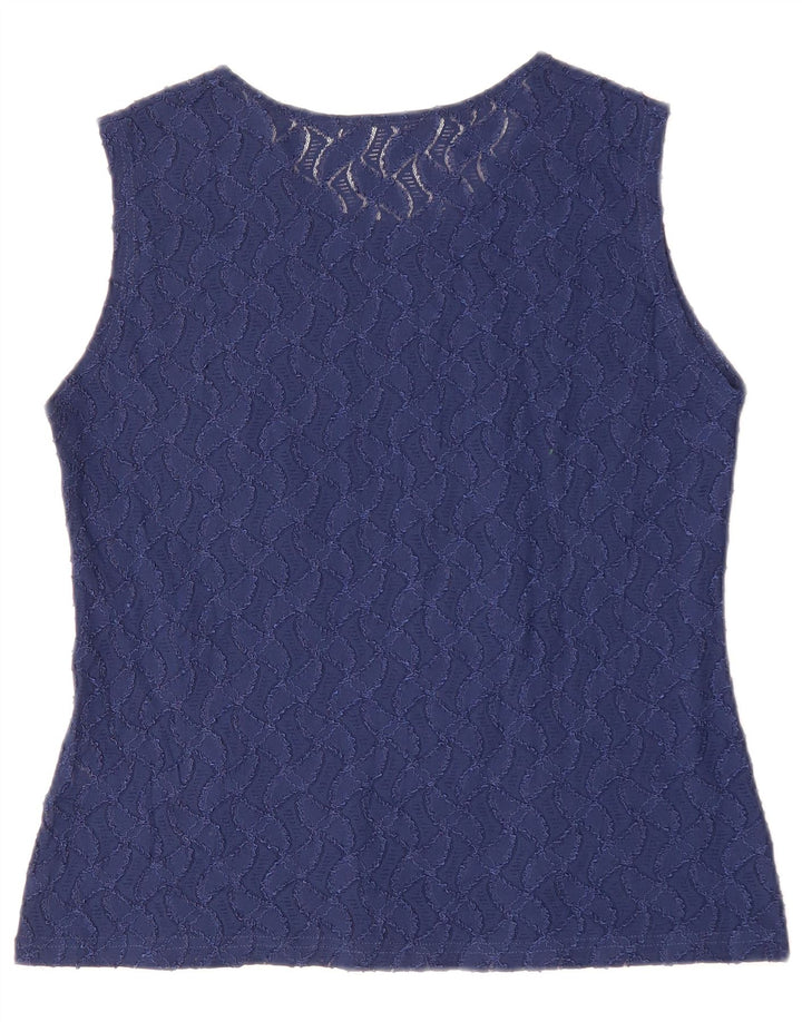 Top camicetta corta senza maniche da donna vintage UK 14 grande poliammide blu navy
