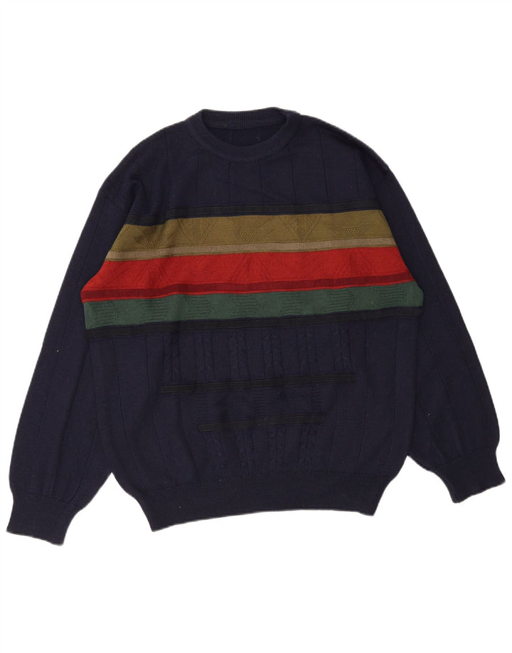 Maglione maglione girocollo da uomo vintage color block blu navy medio