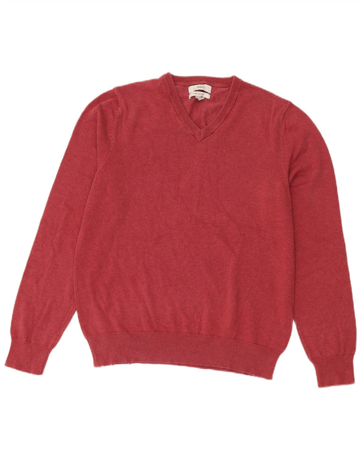 Maglione da uomo con scollo a V Marks & Spencer in cotone bordeaux medio
