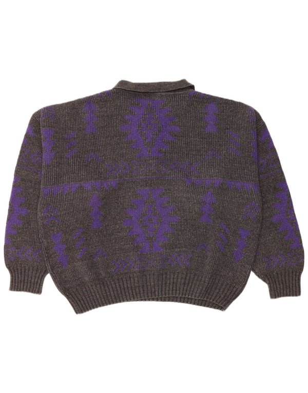 Maglione vintage da uomo con collo a polo XL grigio geometrico
