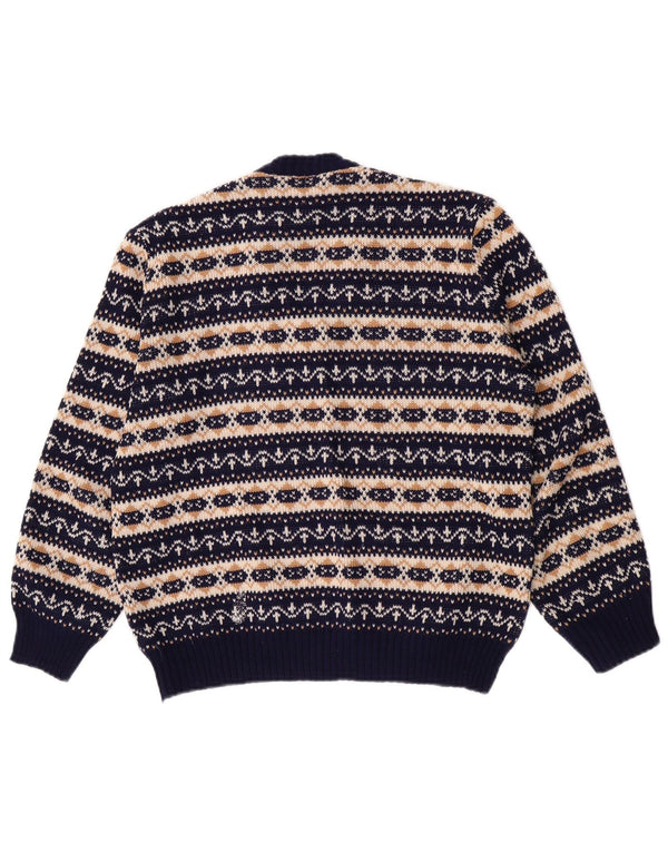 Maglione maglione vintage da donna con scollo a V UK 12 Medio Blu Navy Fair Isle