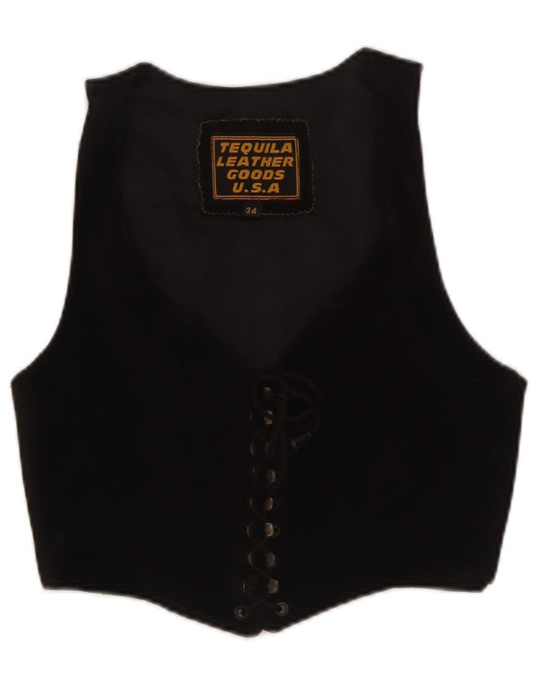 Gilet corto in pelle scamosciata vintage da donna EU 34 XS in pelle nera