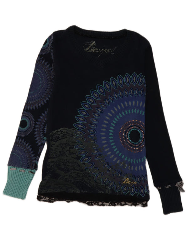 DESIGUAL Womens Graphic V-Neck Jumper Sweater UK 8 Small Navy Blue Floral