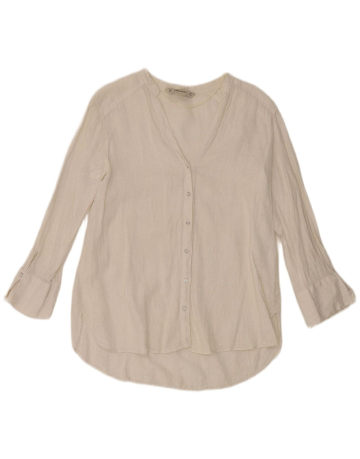 Camicia Zara da donna con maniche a 3/4, UK 14, lino bianco medio
