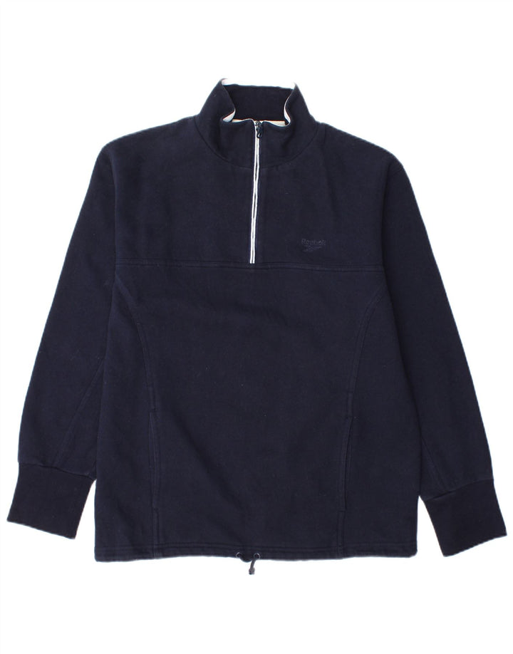 Felpa Reebok da donna con collo con zip, maglione UK 12, cotone medio blu navy