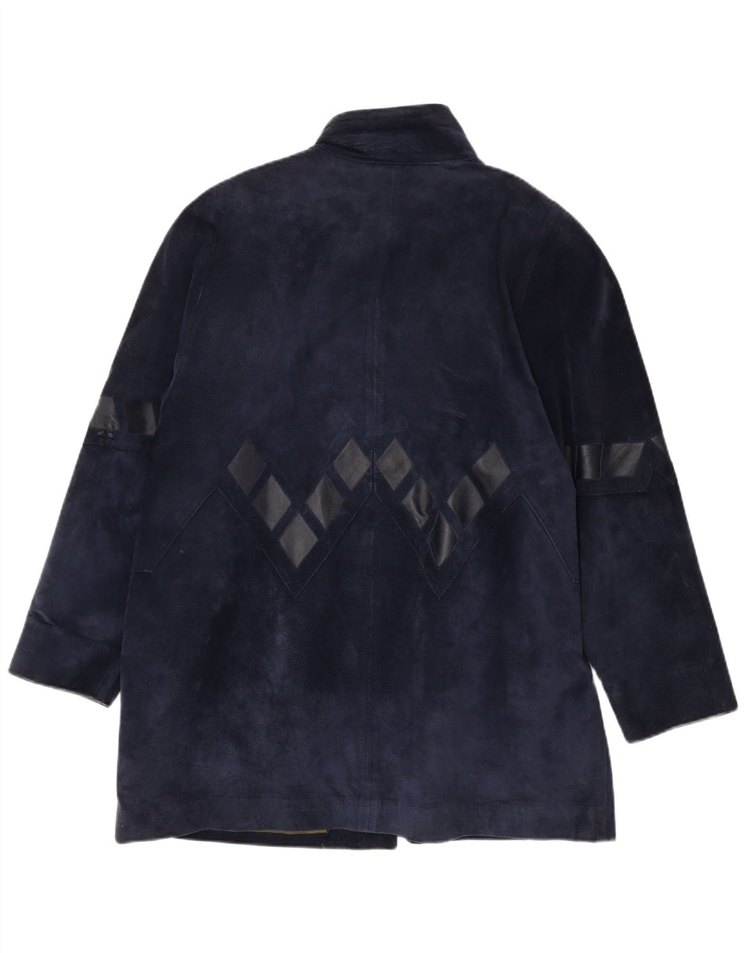 Soprabito vintage in pelle scamosciata oversize da donna UK 14 medio blu navy geometrico