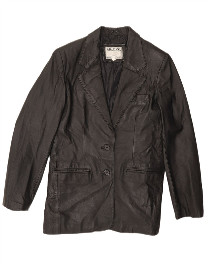 Giacca blazer in pelle da donna a 2 bottoni VINTAGE UK 14 grande in pelle nera