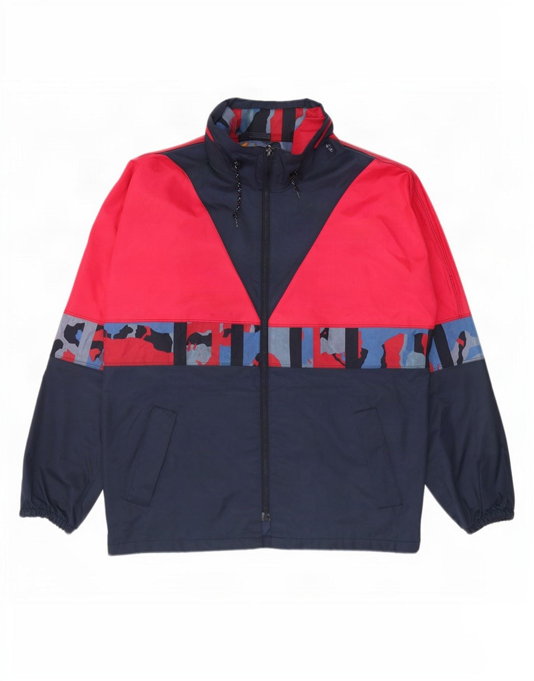 Giacca antipioggia vintage da uomo con cappuccio UK 38 nylon color block medio blu navy