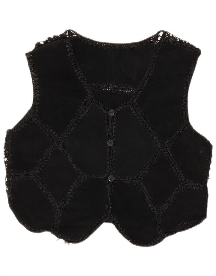 Gilet vintage da donna in pelle scamosciata corta UK 12 medio nero