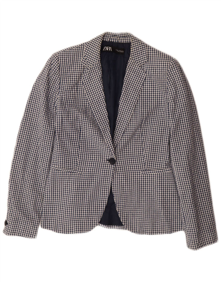 ZARA Giacca Blazer a 1 Bottone da Donna EU 38 Piccolo Cotone a quadretti blu