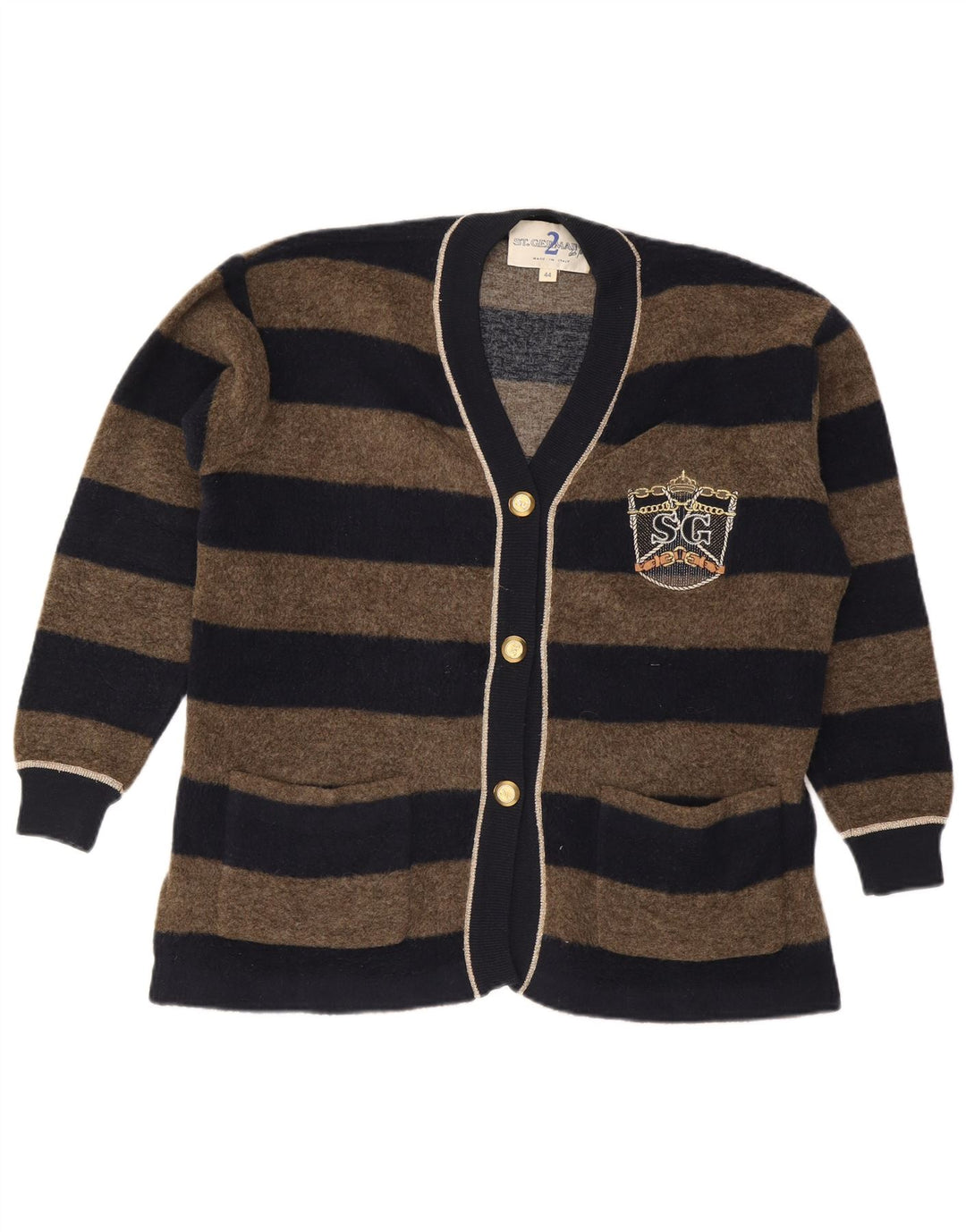 Maglione cardigan da donna vintage IT 44 a righe marrone medio