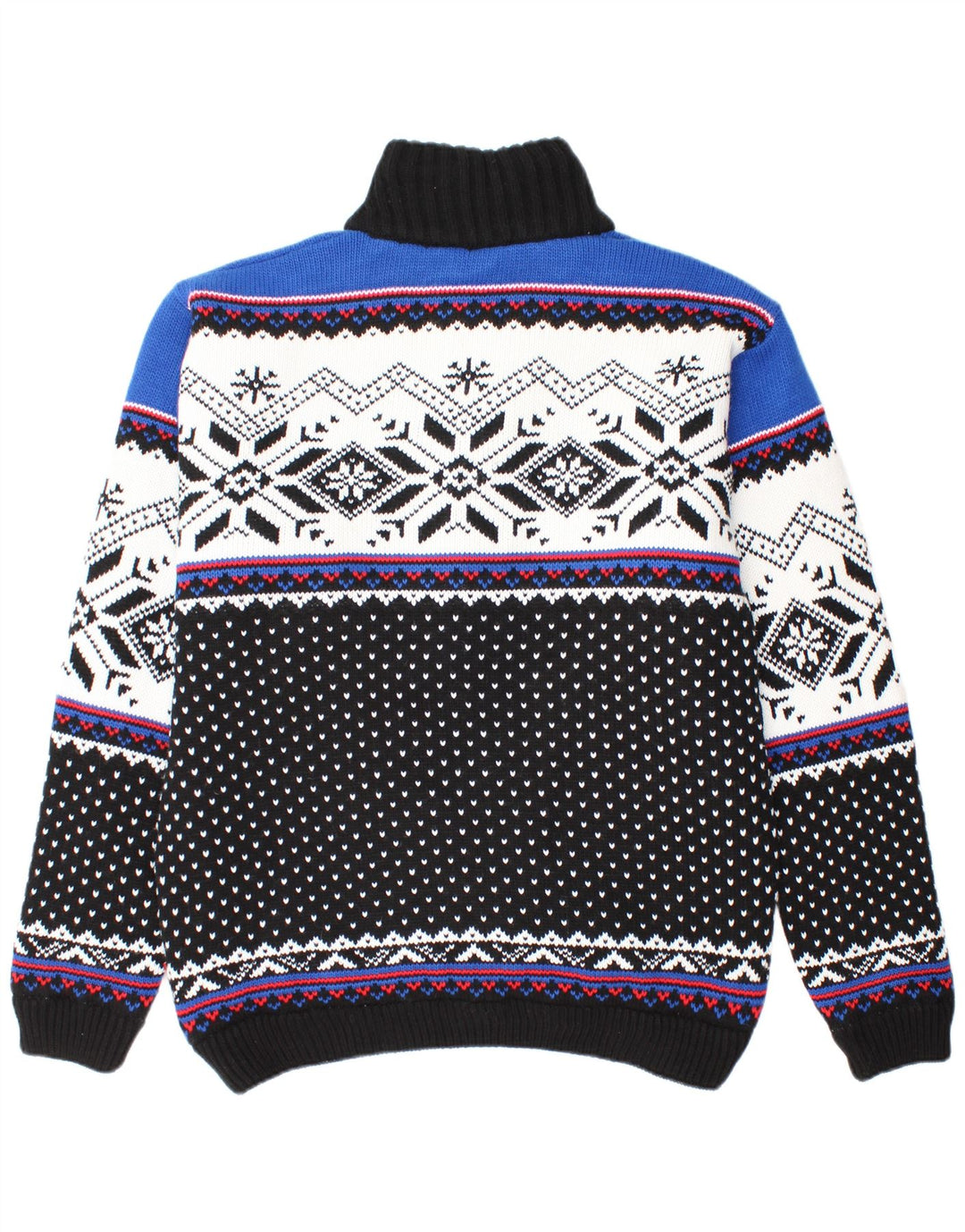 VINTAGE Mens Zip Neck Jumper Sweater Large Black Fair Isle Polyacrylic