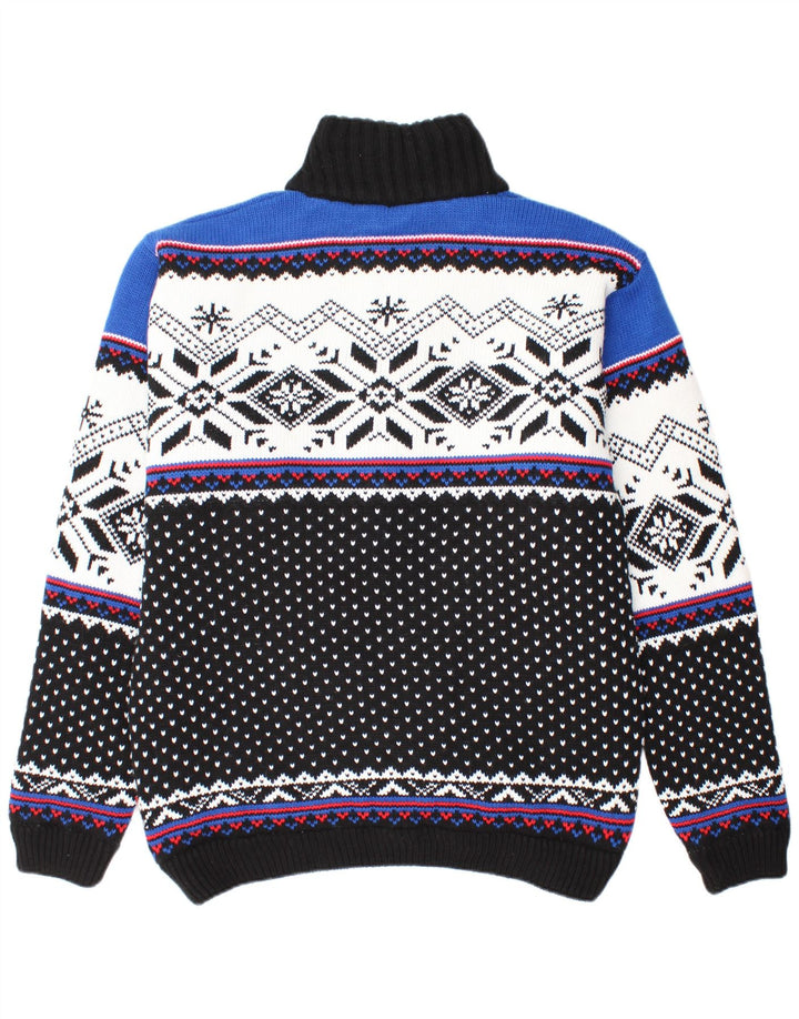 VINTAGE Mens Zip Neck Jumper Sweater Large Black Fair Isle Polyacrylic