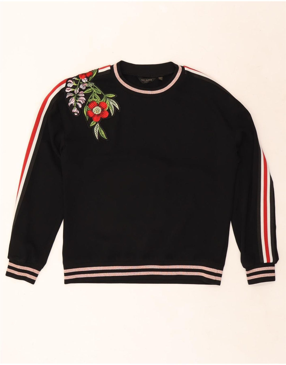 Felpa da donna TED BAKER maglione UK 14 poliestere floreale nero medio