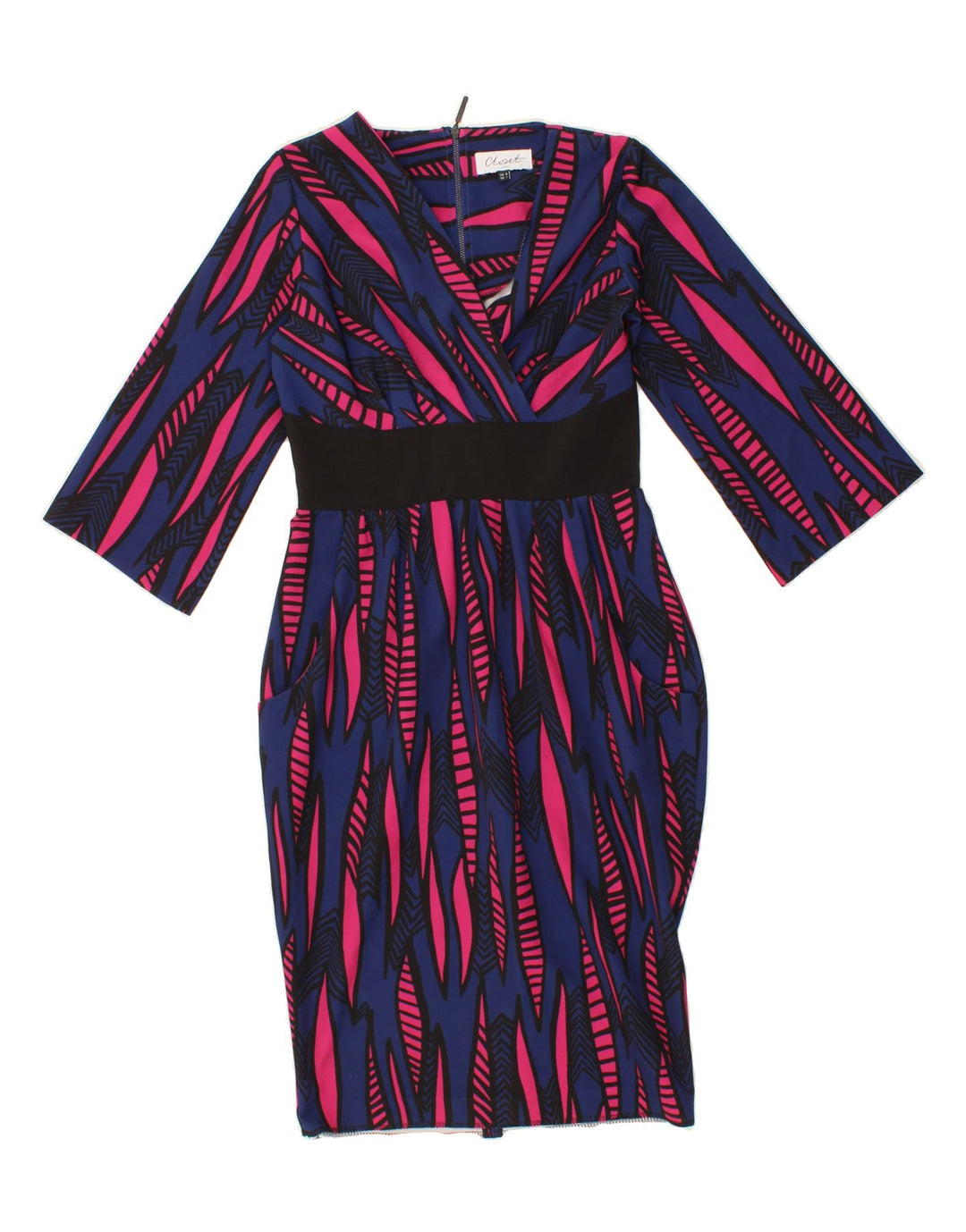 CLOSET Womens Abstract Pattern 3/4 Sleeve Sheath Dress UK 8 Small Blue Vintage CLOSET and Second-Hand CLOSET from Messina Hembry 