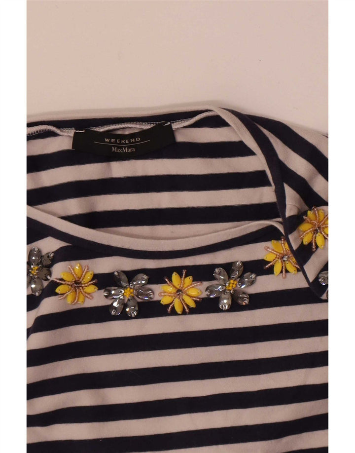 Top da donna Max Mara manica 3/4 UK 12 medio blu navy a righe