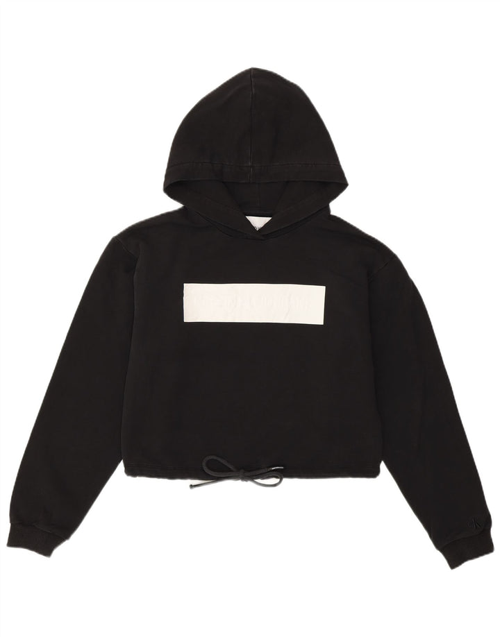 CALVIN KLEIN Felpa con cappuccio grafica da donna corta UK 10 piccola nera