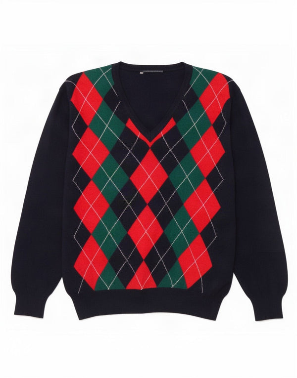 Maglione vintage da uomo con scollo a V, grande, in lana a rombi/diamante, blu navy