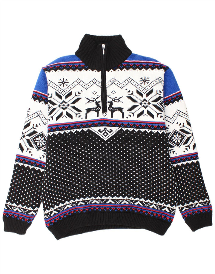 VINTAGE Mens Zip Neck Jumper Sweater Large Black Fair Isle Polyacrylic